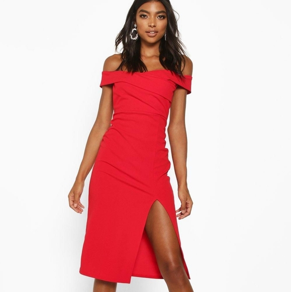Boohoo Dresses & Skirts - 🆕️Boohoo Off Shoulder Red Midi Dress Size 12